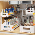 2-Pack 19"Deep Under Sink Organizer And Storage, 2-Tier L-Shaped Pull Out Cabinet Organizer with Upgraded Slide Rails, Height Adjustable Drawers for Kitchen&Bathroom, Extra-Large Storage Shelves–White