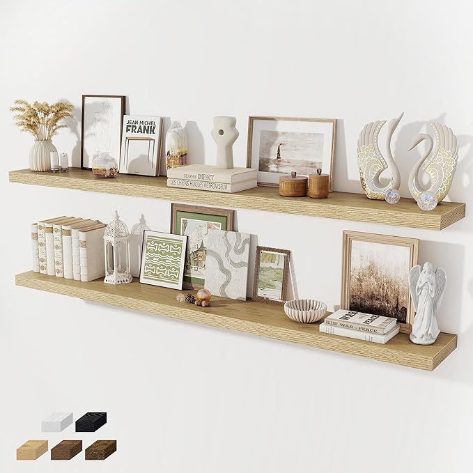 Fun Memories 72 Inch Floating Shelves for Wall 8 Inch Deep Oak Shelves Set of 2, Wall Mounted Rustic Wood Long Floating Shelf, Large Display & Storage Shelf with Invisible Brackets