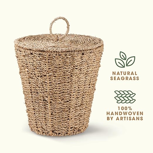 3 Gallons Seagrass Waste Basket with Lid and Liner - Wicker Trash Can