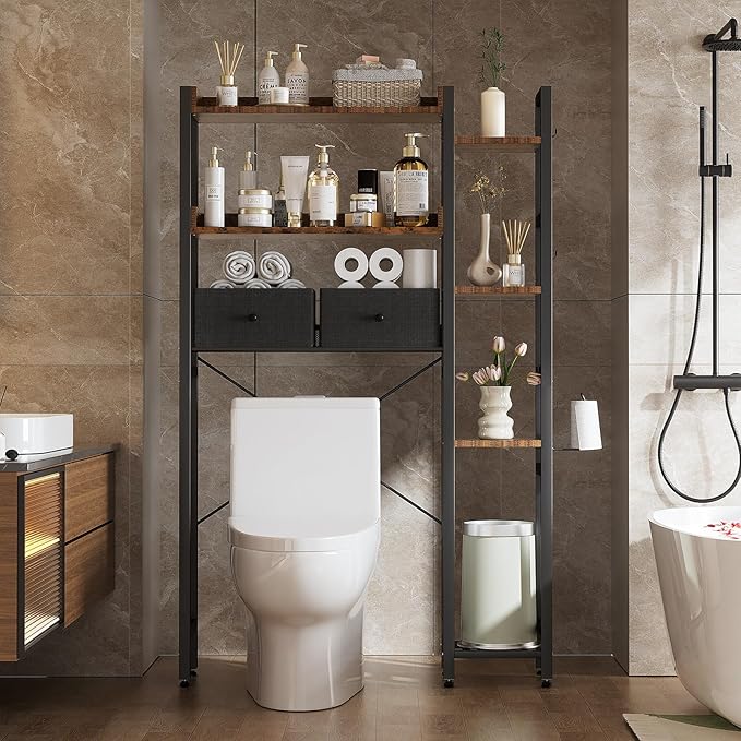 Housolution Over The Toilet Storage with 2 Drawers, 7 Tier Over Toilet Bathroom Organizer with Height Adjustable Shelves and Hooks, Space Saver Above Toilet, Black+Brown