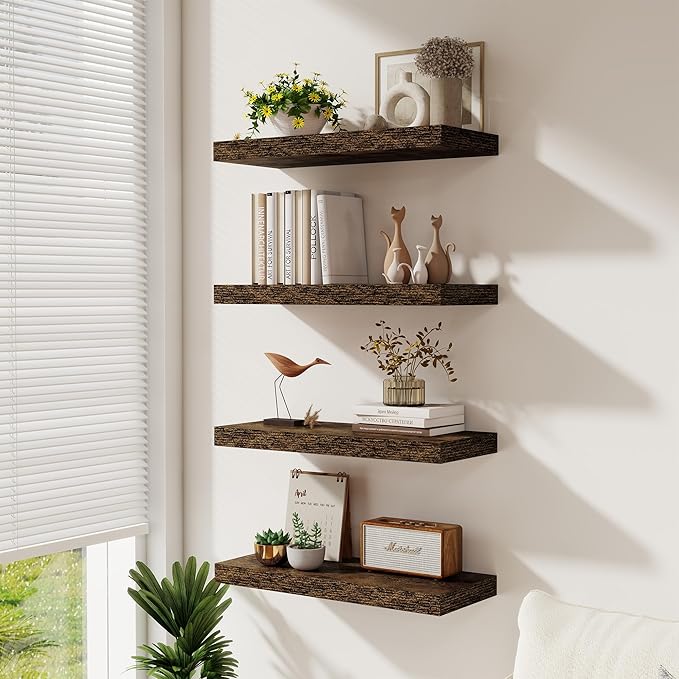 Floating Shelves for Wall, 66 Inch Floating Shelves Set of 2, Wall Mounted Rustic Wood Shelf for Bathroom, Living Room, Bedroom and Kitchen, Hanging Shelf for Storage, Books, Home Decor, Rustic Brown