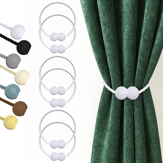 Hion Magnetic Curtain Tiebacks White 6 Pack, Curtain Tiebacks Buckles Holdbacks Holders Hooks Clip for Home Bedroom Office Decorative Thick or Thin Curtain