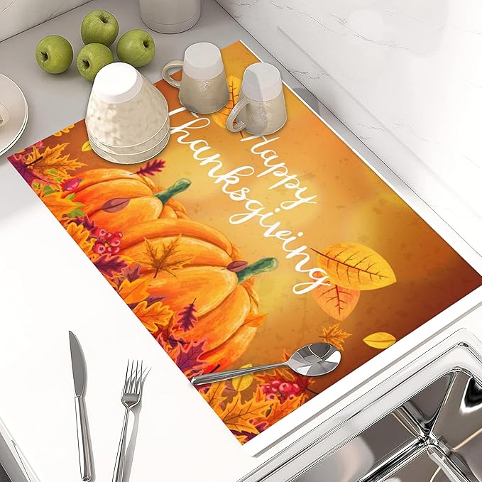 Large Dish Drying Mat for Kitchen Count,Happy Thanksgiving Dish Drying Mat,Fall Pumpkins Maple Leaves Harvest Dish Drainer Mat Drying Pad,Super Absorbent Reversible Microfiber 18"X24"