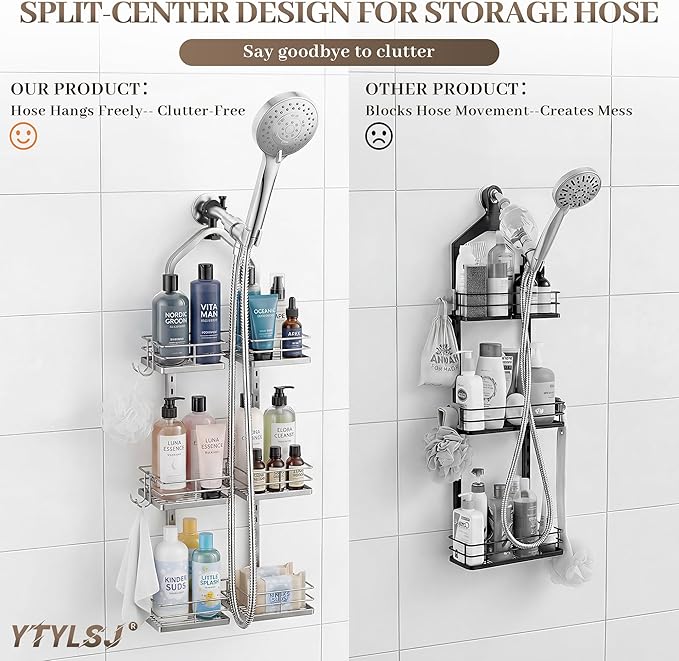 Aluminum Alloy Hanging Shower Caddy for Handheld Shower Heads, 3-Tier Adjustable Shower Rack, Rustproof Hose Hanging Shower Organizer with 2 S-Hooks, Silver