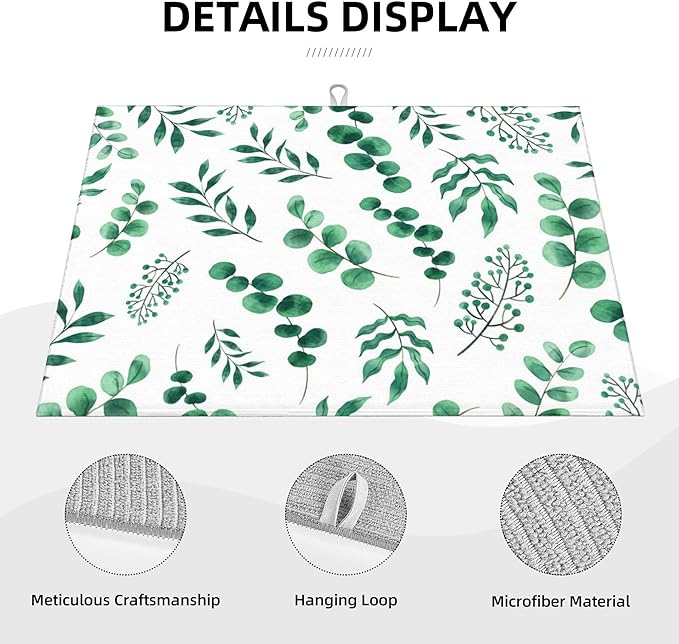 Watercolor Plant Green Leaves Dish Drying Mat for Kitchen Counter, 18"x24" Microfiber Absorbent Fast Dry Mat, 2Pcs Dish Mat Faucet Mats Sets, Large Drying Kitchen Mat Kitchen Drying Pad