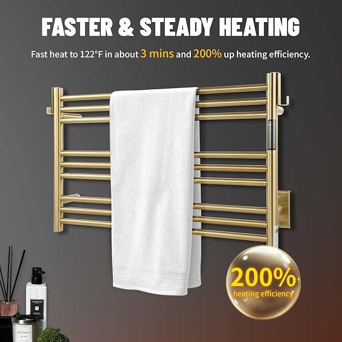 K&KALONZO Towel Warmer for Bathroom, Wall-Mounted 9-Bar Heated Towel Rack with Built-in Timer, Waterproof Electric Towel Heater, Support Plug-in and Hardwired, Brushed Gold, EL13M