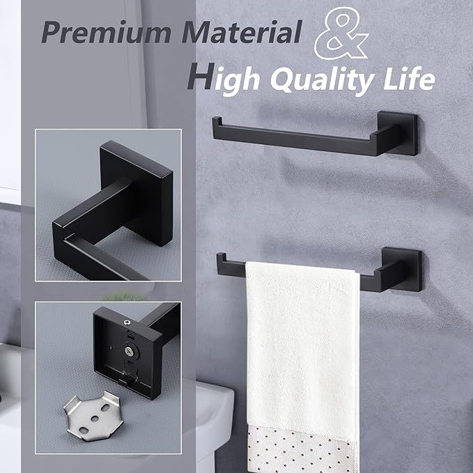LANC Bathroom Hand Towel Holder Left Side Matte Black Hand Towel Bar 10 Inche Square Towel Ring for Kitchen Cabinet Toilet Door Wall Mount Stainless Steel Towel Racks Hanger,A8806MB-LF