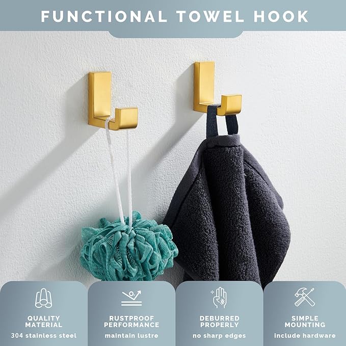 Angle Simple Towel Hook Brassy Gold 2 Pack, 304 Stainless Steel Robe Hook for Bathroom