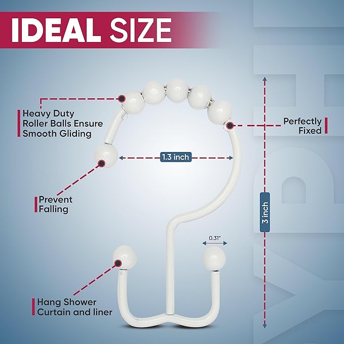 Shower Curtain Hooks Rust Proof (Set of 12) - Stainless Steel Shower Curtain Rings - Anti Slip Roller Balls for Easy Glide (Double Anchor Hooks, White)