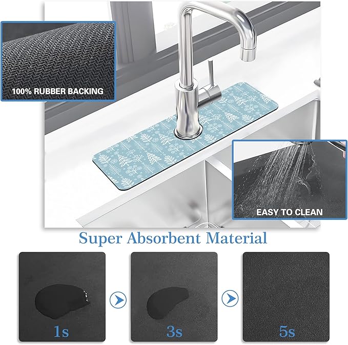 Winter Fir Tree Faucet Mat for Kitchen Sink Fir Trees Bushes Snow, Soft Diatom Mud Material, Strong Water Absorption, Non-slip, Easy to Clean for Bathroom, Kitchen 15"X5.5"