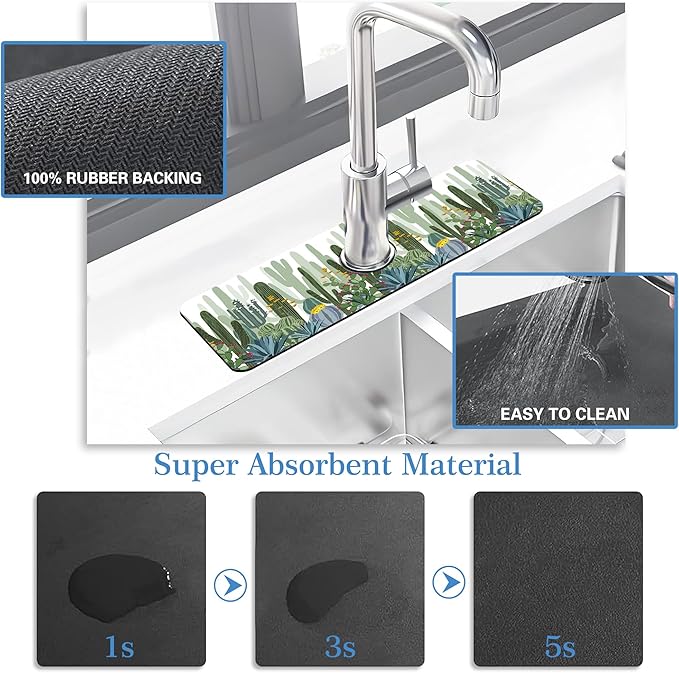 Faucet Mat for Kitchen Sink West Wild Cactu Forest, Soft Diatom Mud Material, Strong Water Absorption, Non-slip, Easy to Clean for Bathroom, Kitchen 15"X5.5"