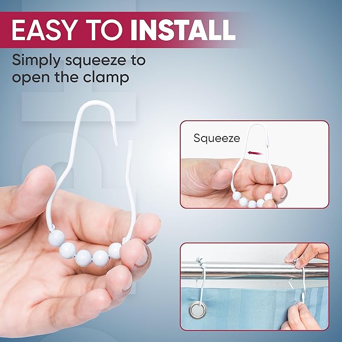 Shower Curtain Hooks Rust Proof (Set of 12) - Stainless Steel Shower Curtain Rings - Anti Slip Roller Balls for Easy Glide (Secure Lock Hooks, White)