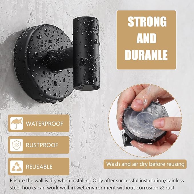 Towel Hooks Shower Suction Hook Towel Hanger for Bathroom Hanging Coat, Robe, Removable Wall Mounted Hook for Bedroom Kitchen Hotel Pool Matte Black(2-Pack)