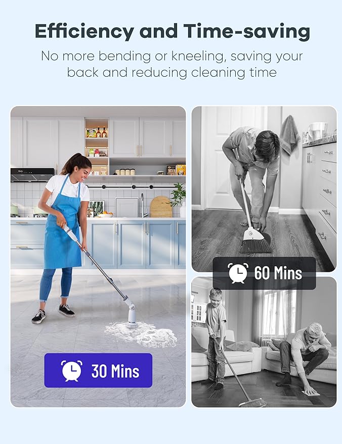 Electric Spin Scrubber,Floor Scrubber with Long Handle Power Scrubber Dual Speeds,Cleaning Brush Cordless,Shower Scrubber Scrub Brush with 3 Adjustable Angles,8 Brush Heads for Bathroom,Tile