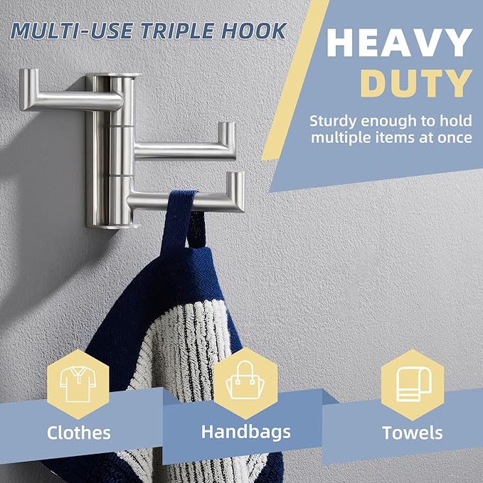 APLusee Swivel Towel Hook for Bathroom Wall Mounted, 304 Stainless Steel 3 Arms Clothes Hook, Flexible Bathroom Kitchen Wall Towel Hanger, Brushed Nickel