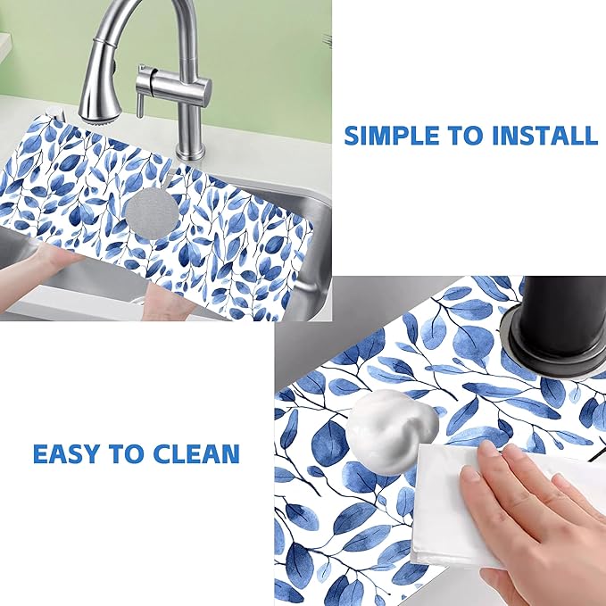 Watercolor Blue Leaves Sink Faucet Absorbing Mat Sink Splash Guard Faucet Mat Draining Mat Fast Drying Sink Protectors for Kitchen and Bathroom 5.5"×15"