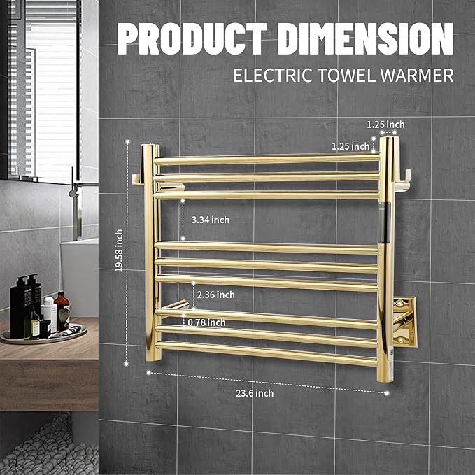 K&KALONZO Towel Warmer for Bathroom, Wall-Mounted 9-Bar Heated Towel Rack with Built-in Timer, Waterproof Electric Towel Heater, Support Plug-in and Hardwired, Polished Gold, EL13S