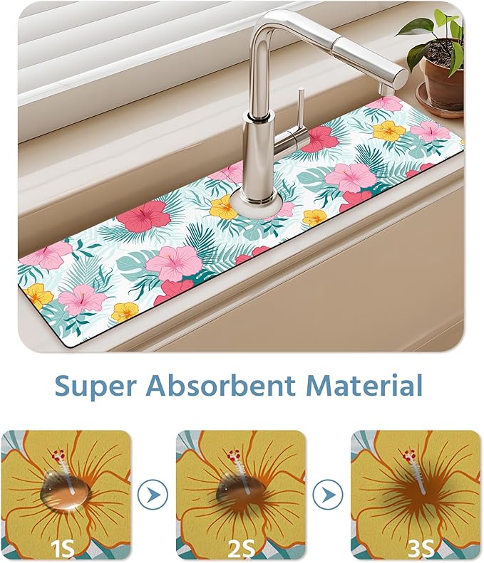 Patterned Sink Faucet Mat Kitchen Splash Guard Super Absorbent Drying Mat, Non-Slip Drain Pad for Kitchen Counter or Bathroom-15x5.5in