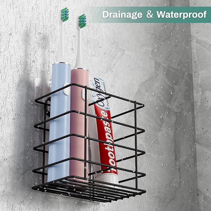 Shower Toothbrush Holder Wall Mounted, Adhesive Toothpaste Organizer for Bathroom Wall, Hanging Razor Tooth Brush Holder Caddy with Drainage, Black RV Camper Bathroom Organizers and Storage