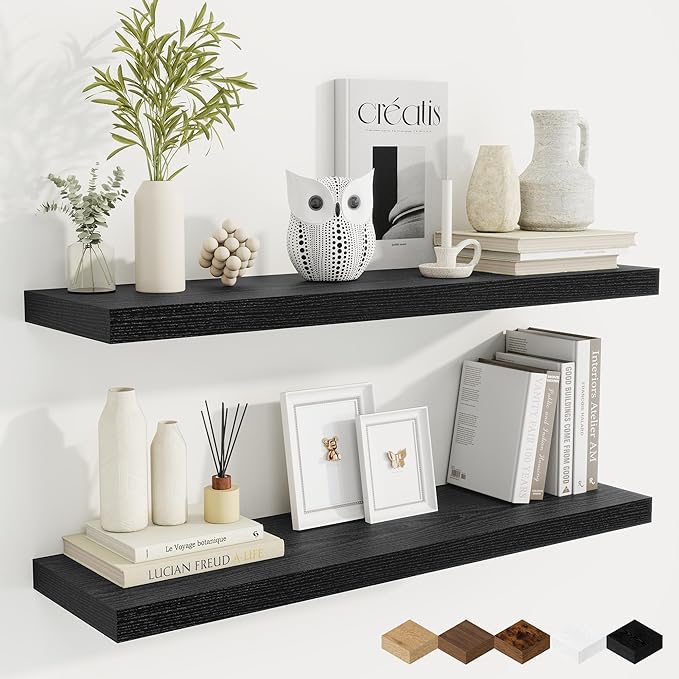 Fun Memories 36 Inch Floating Shelves, 9.3 Inch Deep Rustic Wall Shelves - Extra Deeper Wall Mounted Storage Shelves for Bathroom, Kitchen, Living Room (Black, Set of 2)