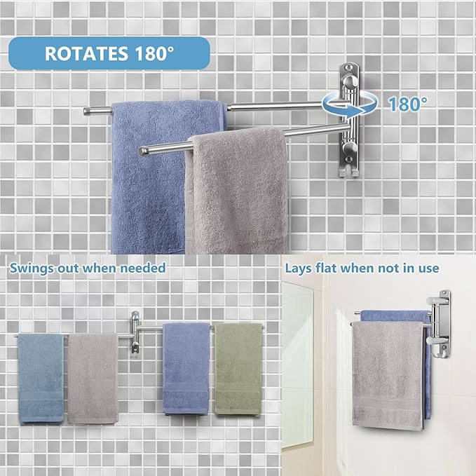 Bathroom Towel Rack JSVER SUS304 Stainless Steel Towel Rack, Adjustable 2 Arms Swivel Towel Holder, Wall Mounted Towel Racks for Bathroom