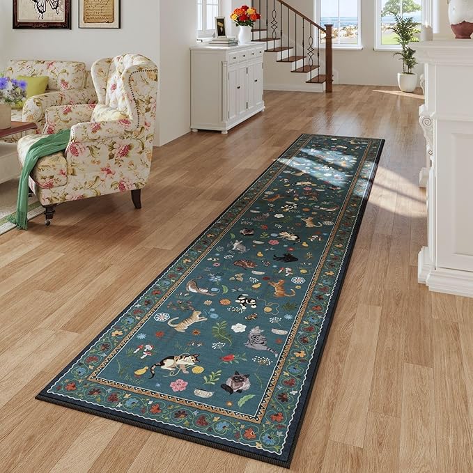 Rugcomf Runners for Kitchen Runner Rug Non Slip 2'x10' Long Washable Rugs with Rubber Backing Soft Floral Animal Cat Carpet Runner for Kitchen Laundry Bedroom Bathroom, Pearl Gentian Blue