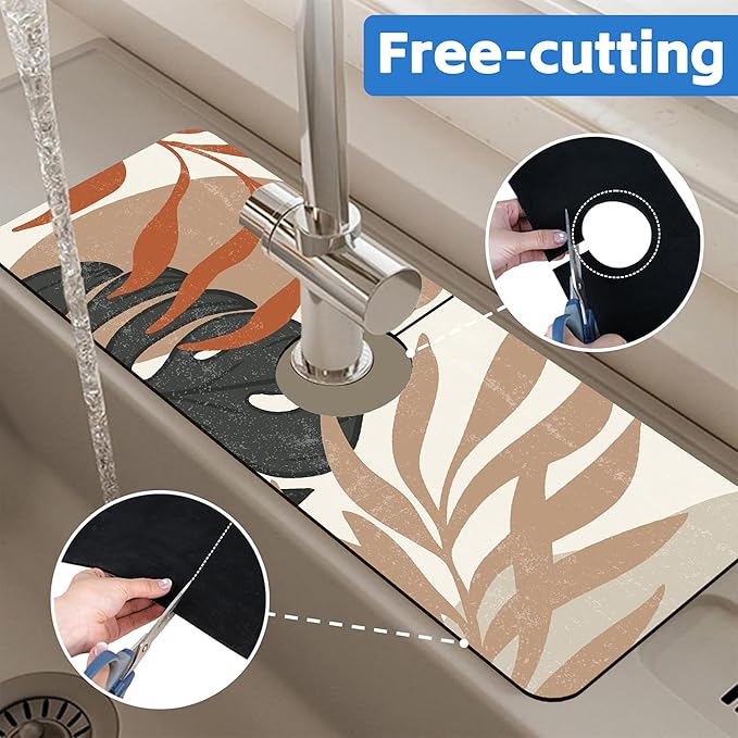 Mid Century Boho Leaves Kitchen Sink Splash Guard Absorbent Fast Drying Mat Faucet Draining Guard Behind Faucet Drip Catcher for Kitchen Bathroom 5.5"15"