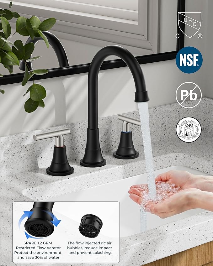 FORIOUS 8" Widespread Brushed Nickel and Black Bathroom Faucet 3 Hole, 2 Handle 360° Swivel Gooseneck 8 Inch Bthroom Sink Faucet 3 Hole Rv with Hot and Cold Water Hose, Farmhouse Restroom Renovation