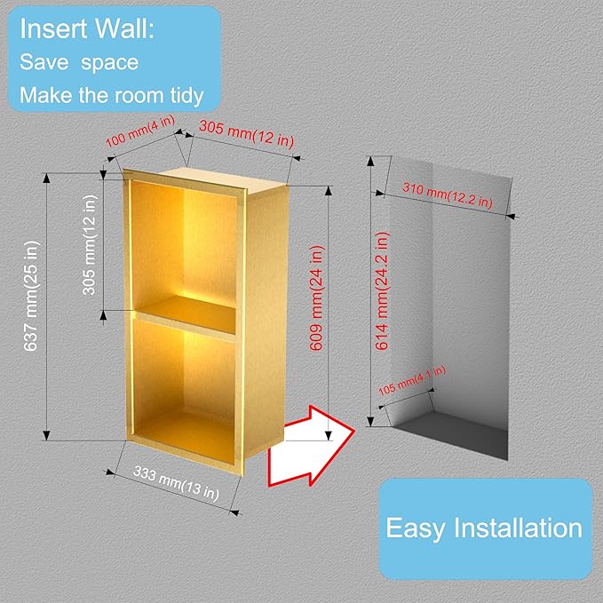Non Tile Tube Niche Boxes for Showers,Bathroom Niche Double Shelves,Stainless Steel(Gold, 24 * 12 in)