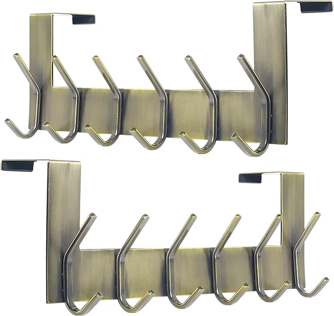 Dseap Over The Door Hook Hanger - 6 Hooks Over Door Coat Rack for Hanging Clothes Hat Towel, Bronze, 2 Packs