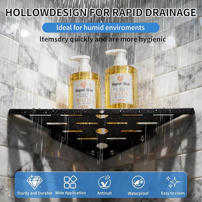 2 Pack Corner Shower Shelf,10" 304 Stainless Steel Bathroom Shelves Add 6 Hooks 40 lbs Heavy Duty Capacity Durable Bathroom Shower Shelf for Inside Shower Drilling Installation (Black)
