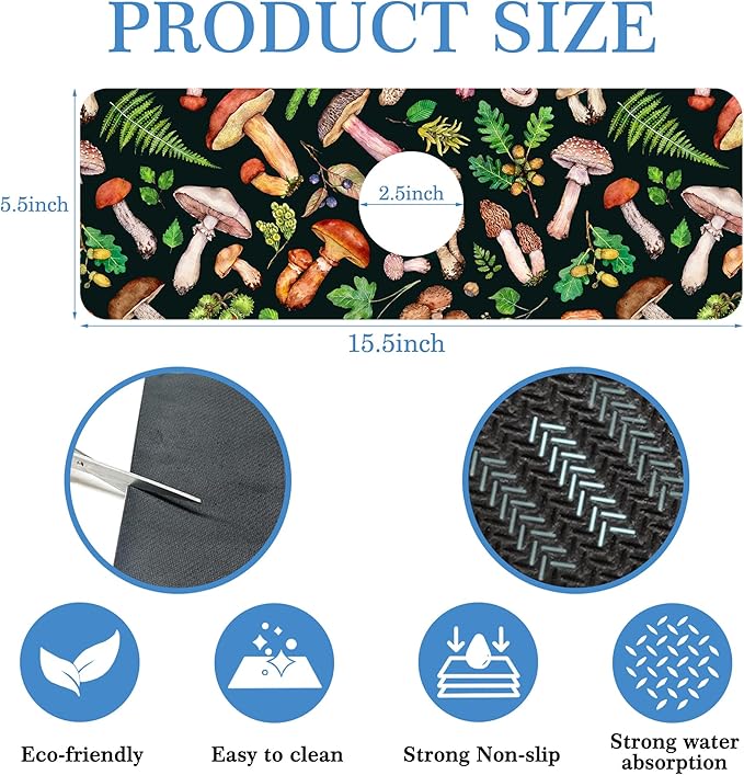 Mushroom Fern Leave Acorn Faucet Mat for Kitchen Sink Watercolor Forest, Soft Diatom Mud Material, Strong Water Absorption, Non-slip, Easy to Clean for Bathroom, Kitchen 15"X5.5"