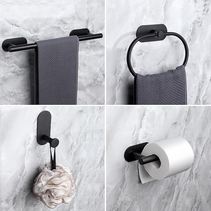 JiGiU Self Adhesive Towel Bar Bathroom Hardware Set Include 16-Inch Bath Towel Bar,Toilet Paper Holder Towel Ring & 3 Packs Towel Hooks Stainless Steel Wall Mount No Drill Sticky on Towel Holder Kit