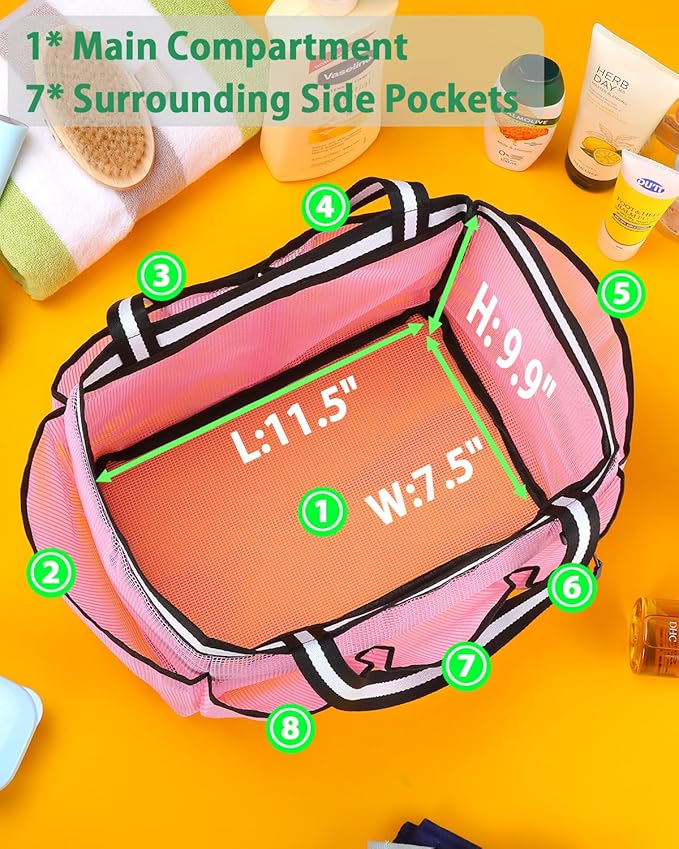 Ocim Large Portable Mesh Shower Caddy Bag Tote for Big Size Shampoo Bottles, Collapsible Quick Dry for College Dorm, Camping, Beach Pool Bathroom, Pink