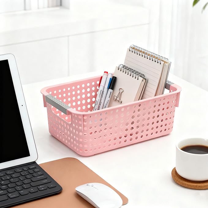 4 Pack Fully Hollow Plastic Organizer Basket with Handles, Multi-Purpose Organizer for Under Bathroom Sink,Kitchen Cabinet, Ideal for Toiletries (Pink, Small)