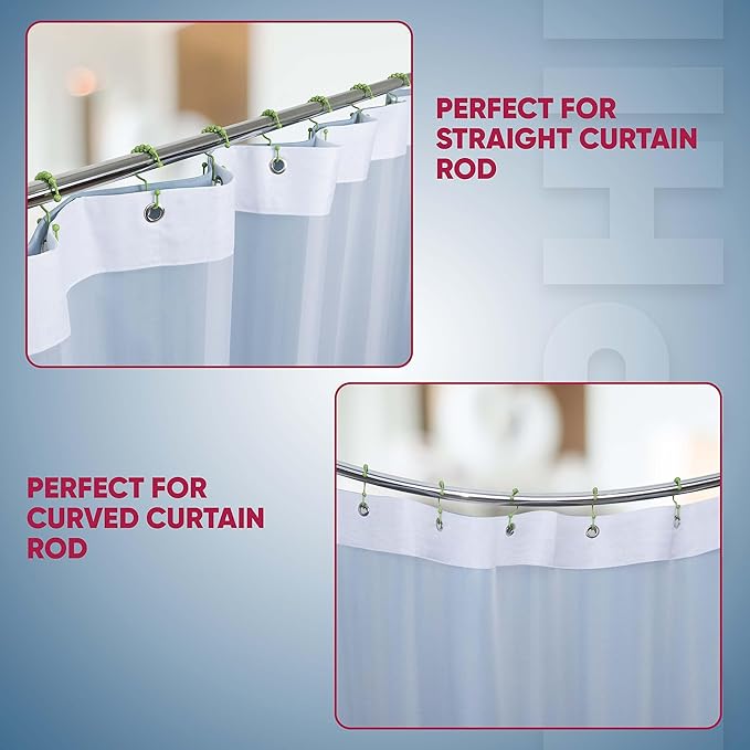 Shower Curtain Hooks Rust Proof (Set of 12) - Stainless Steel Shower Curtain Rings - Anti Slip Roller Balls for Easy Glide (Double Anchor Hooks, Lime Green)