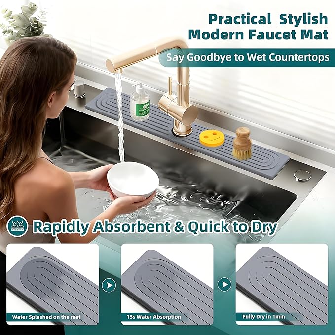 Diatomite Stone Faucet Mat for Kitchen Sink(23.6" x 3.9")- Super Absorbent & Quick-Drying Sink Faucet Mat, Durable Kitchen/Bathroom Sink Protector Sink Stone Quick Dry Around Faucet Christmas Gifts