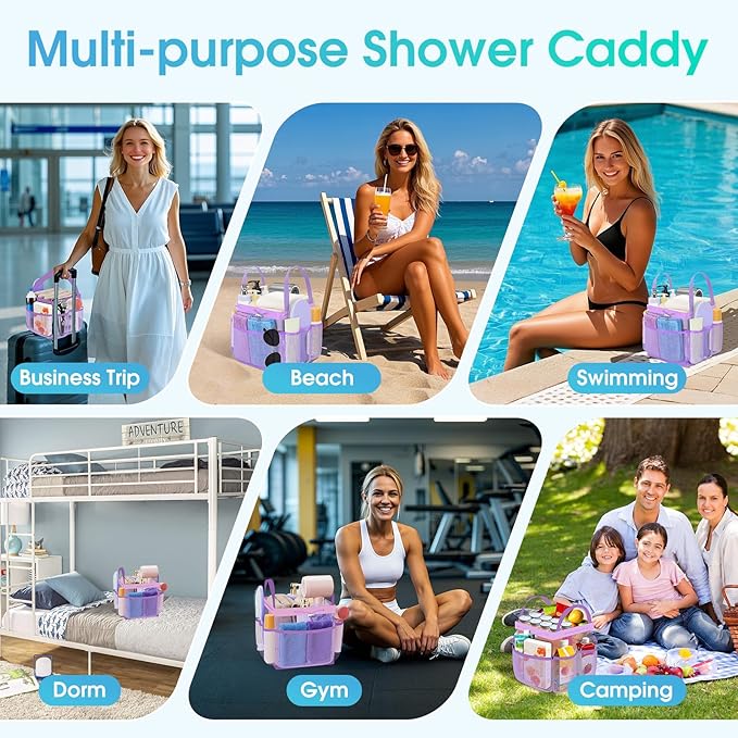 Mesh Shower Caddy Portable with Drawstring, 1 Main Compartment+ 7 Pockets, College Dorm Room Essentials for Girls, Shower Organizer Hanging Bag for Beach, Camp, Swim, Gym, Travel