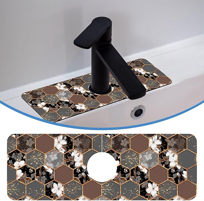 Hexagon Marble Texture Faucet Mat for Kitchen Sink White Flower, Soft Diatom Mud Material, Strong Water Absorption, Non-slip, Easy to Clean for Bathroom, Kitchen 15"X5.5"