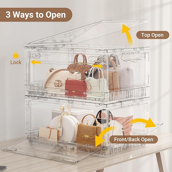 BROVIEW 320Qt Stackable Storage Bins with Lids Wheels, XL Clear Plastic Drawers Foldable Closet Organizers and Storage Cabinet Display Box Shelves with Front & Back Doors, for Home Office Garage,4Pack