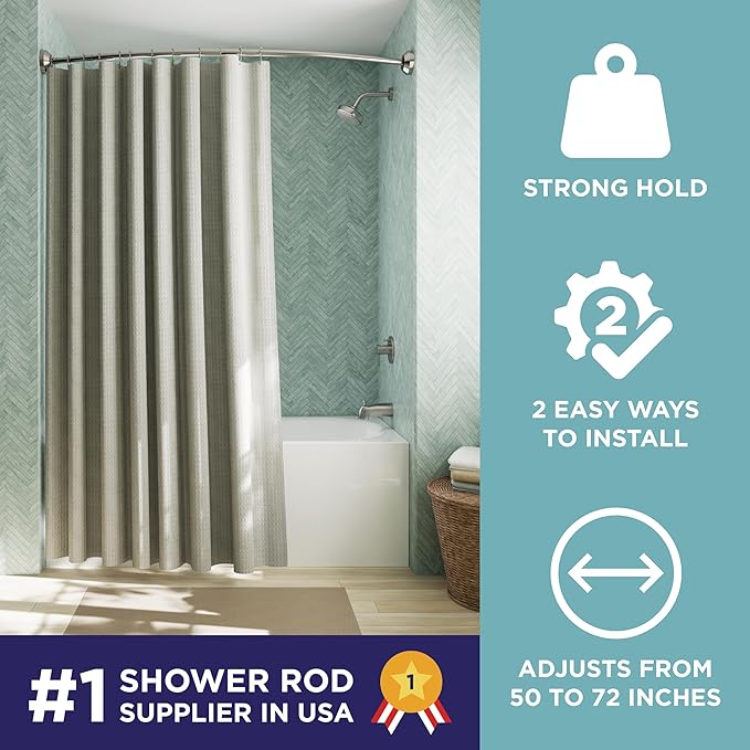 Zenna Home Rustproof Curved Shower Curtain Rod, No Drill Tension or Permanent Mount Adjustable Curved Shower Rod for Bathroom, Easy Install, Rounded for Extra Room, 50 to 72 Inches, Brushed Nickel