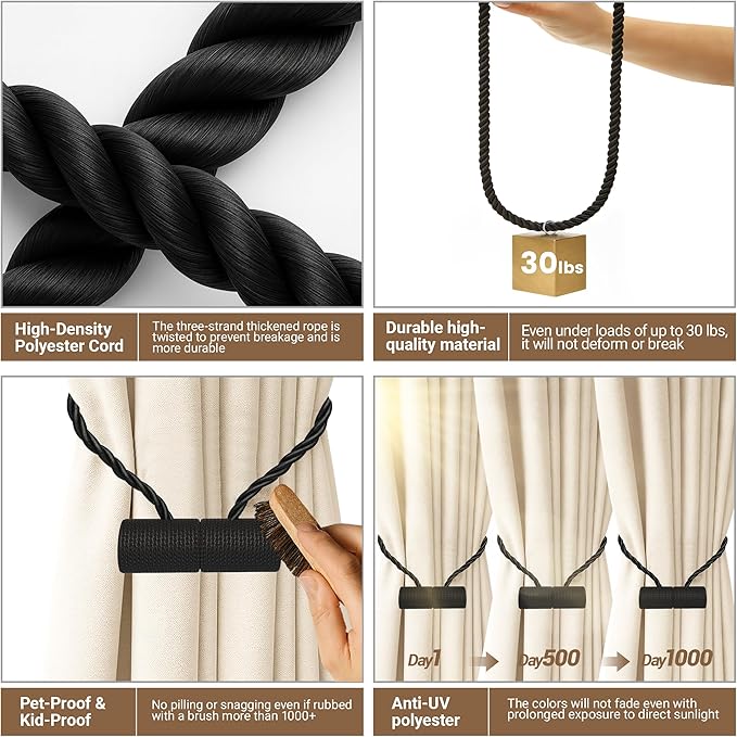 Hion Magnetic Curtain Tiebacks Black 4 Pack, Curtain Tiebacks Buckles Holdbacks Holders Hooks Clip for Home Bedroom Office Decorative Thick or Thin Curtain
