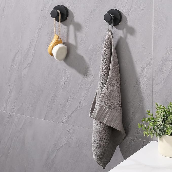 Suction Cup Hooks for Shower 2 Pack Stainless Steel No Drill Removable Waterproof Rustproof for Bathroom Kitchen Glass Mirror Tile to Hang Towels Robes Loofah Wreath (Matte Black)
