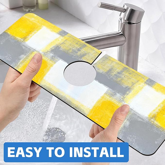Grey and Yellow Abstract Kitchen Sink Splash Guard Mat Absorbent Fast Drying Mat Faucet Draining Mat Sink Splash Guard Behind Faucet Drip Catcher for Kitchen Bathroom 5.5"×15"