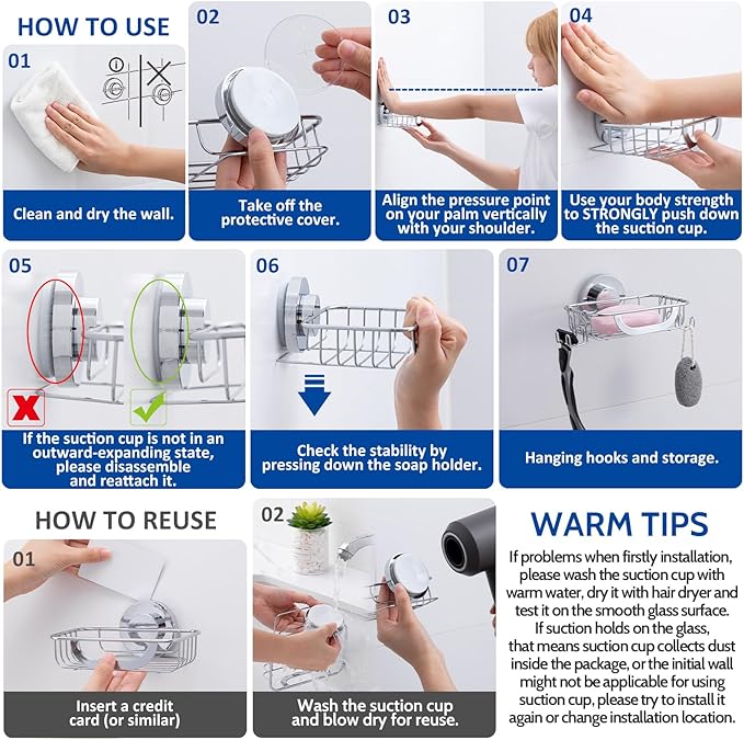 Soap Dish Soap Bar Holder Suction Cup with 4 Hooks, Stainless Steel Soap Saver Tray for Shower Wall, Bathroom, Kitchen, Rustproof No Drilling Bar Soap Holder, Silver