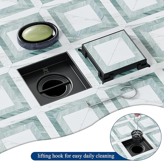 Neodrain 4-Inch Square Shower Drain with Removable Tile Insert Grate, 304 Stainless Steel, Includes Shower Drain Base Hair Strainer, Matte Black