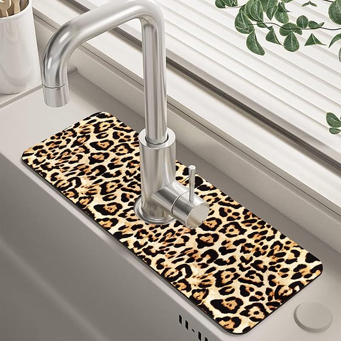 Abstract Brown Leopard Dish Drying Mat for Kitchen Sink Splash Guard Behind Faucet Sink Mat Absorbent Fast Drying Faucet Draining Mat for Bathroom Kitchen 5.5"×15"