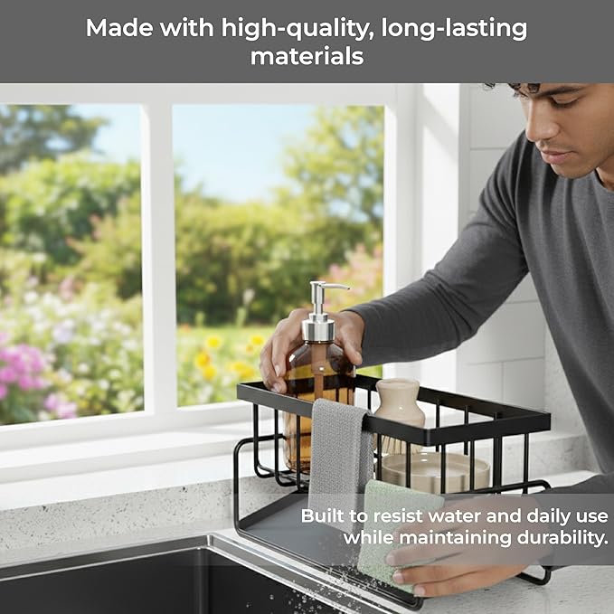 Black Stainless Steel Sponge Holder for Kitchen Sink with Rotating Drain Spout and High Brush Holder — Stainless Steel Sink Organizer for Sponges, Brushes, Soap and Bottles, Includes 2 Bear Sponges