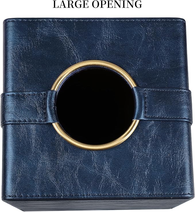 Luxury Square Tissue Box Cover, PU Leather Tissue Box Holder with Magnetic Closure and Gold Decorative Grommets for Bathroom Bedroom, Decorative Elegant Cube Tissue Holder (Blue)