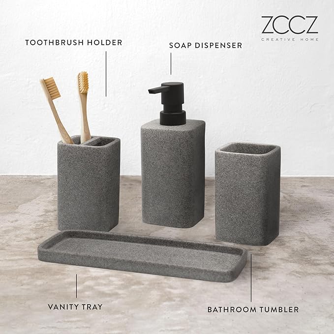 ZCCZ Grey Bathroom Accessory Sets, 4 Pieces Bathroom Accessories Complete Set Vanity Countertop Accessory Set, Includes Lotion Dispenser Soap Pump, Tumbler, Toothbrush Holder and Tray